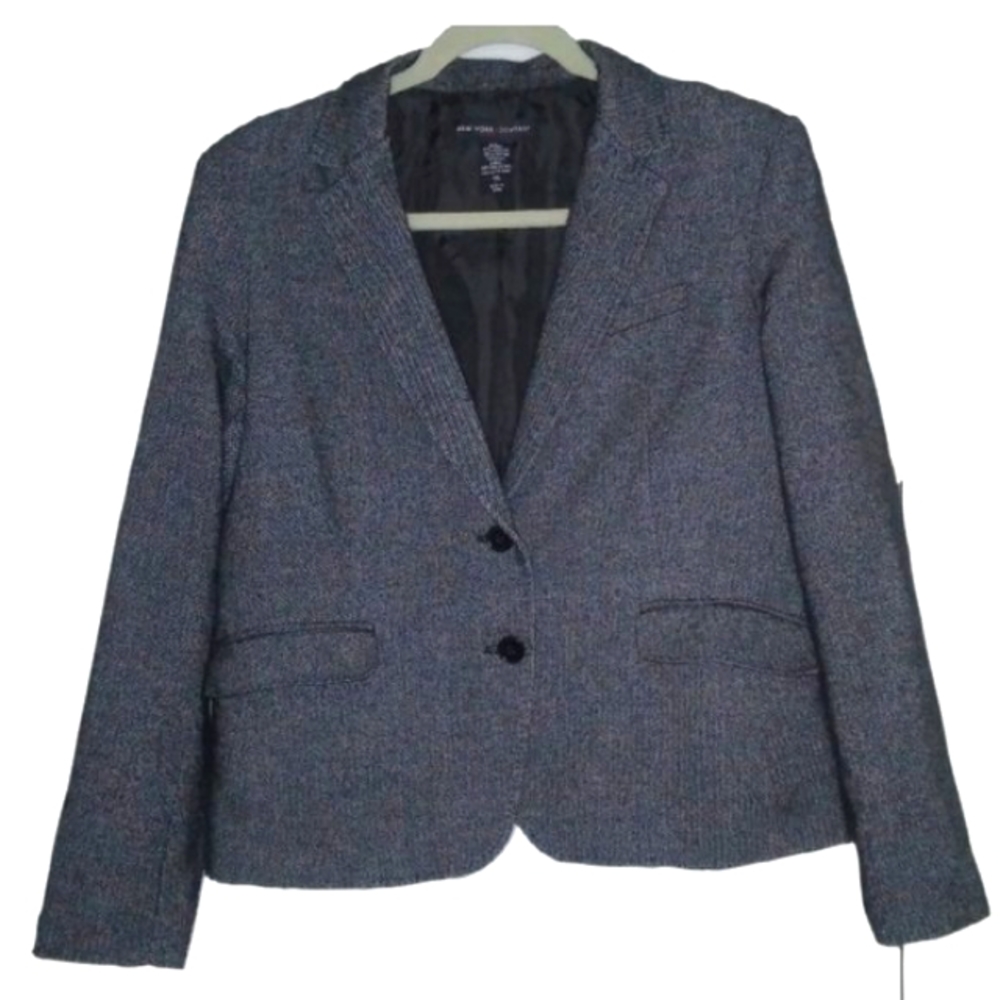 NEW YORK & CO. STRETCH Wool Blend Black White Herringbone Print Blazer Sized 14